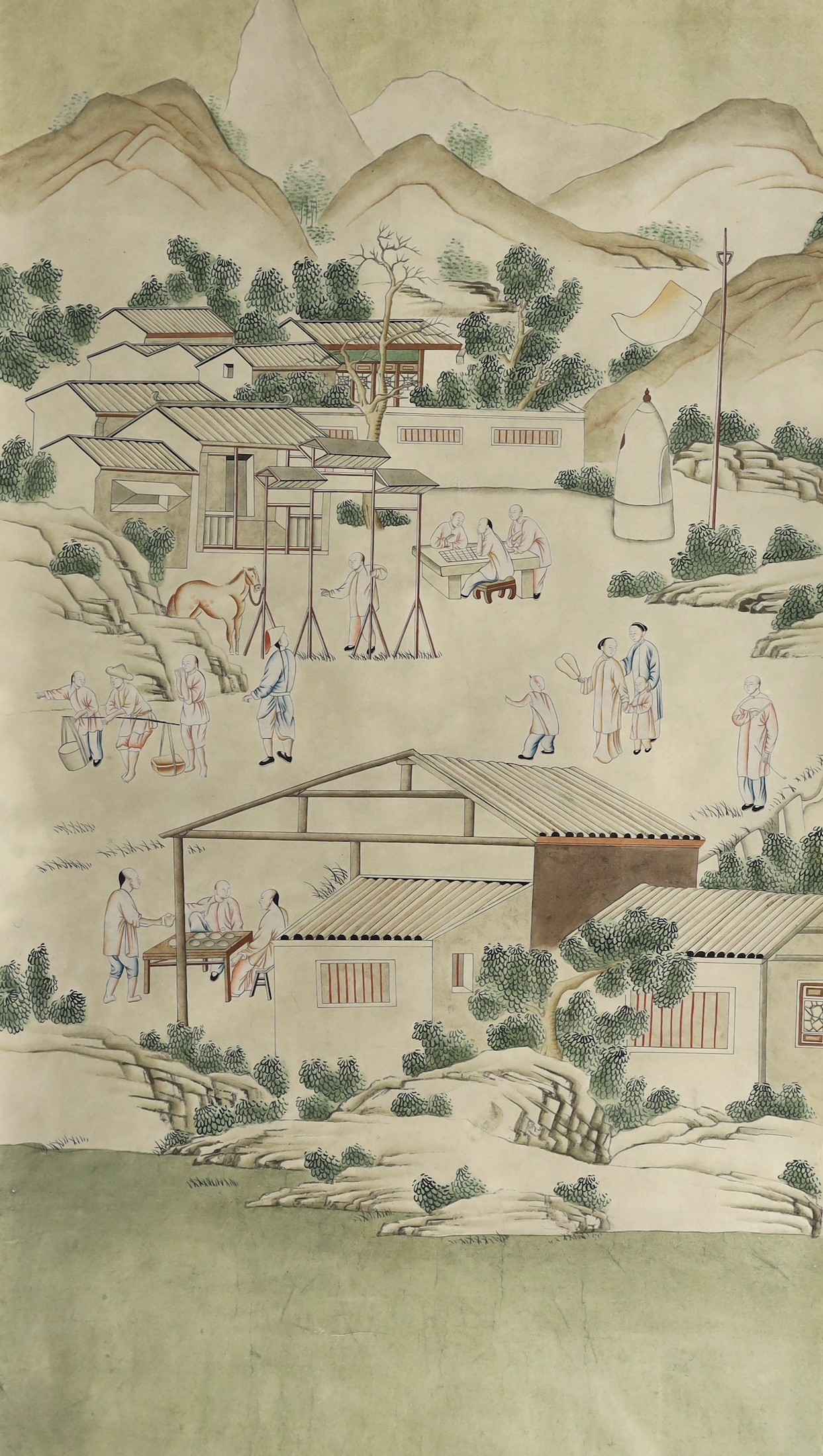 A Chinese painted wallpaper panel, c.1800, 148cm x 78cm